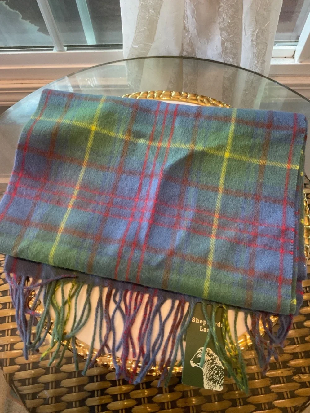 Shepherds Land Blue Plaid Lambs Wool Scarf NWT